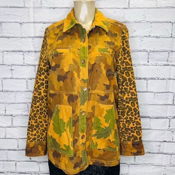 Anthropologie Pilcro Womens Brown Camo Cat Leopard Print Denim Jacket Size Small - Picture 1 of 9